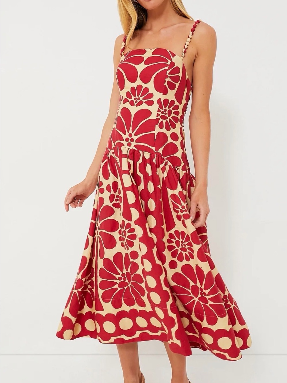 Christian Lacroix Red and Cream Floral Midi Dress